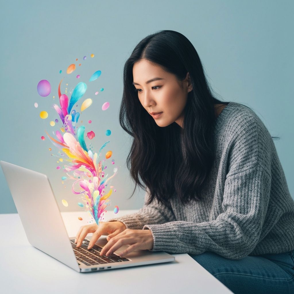 Person freely typing notes on laptop with creative thoughts floating around